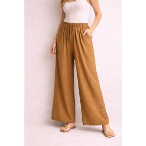 A New Day Wide Leg Pants Elastic Waist Tie Rayon Blend Camel S